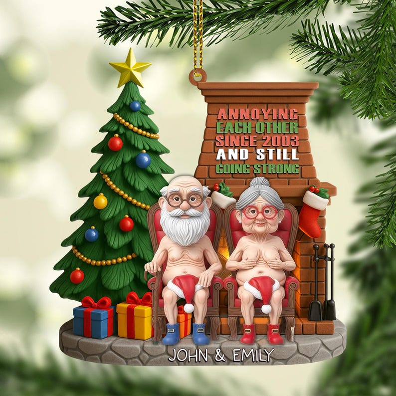 Personalized Naughty Old Couple Christmas Ornament, Gift For Husband Wife, Naughty Couple Gift, Anniversary Decor, Couple Flat 2D Ornament