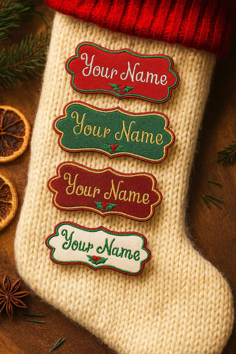 Christmas Stocking NAME PATCH - Custom Personalized Iron On or Sew On Patch, Embroidered Applique Patch, Festive Font, 1 Patch