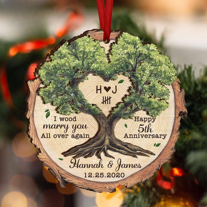 Personalized 5th Anniversary Wooden Ornament, Wood Anniversary Gift For Couples, I Wood Marry You All Over Again Ornament, 5th Anniversary