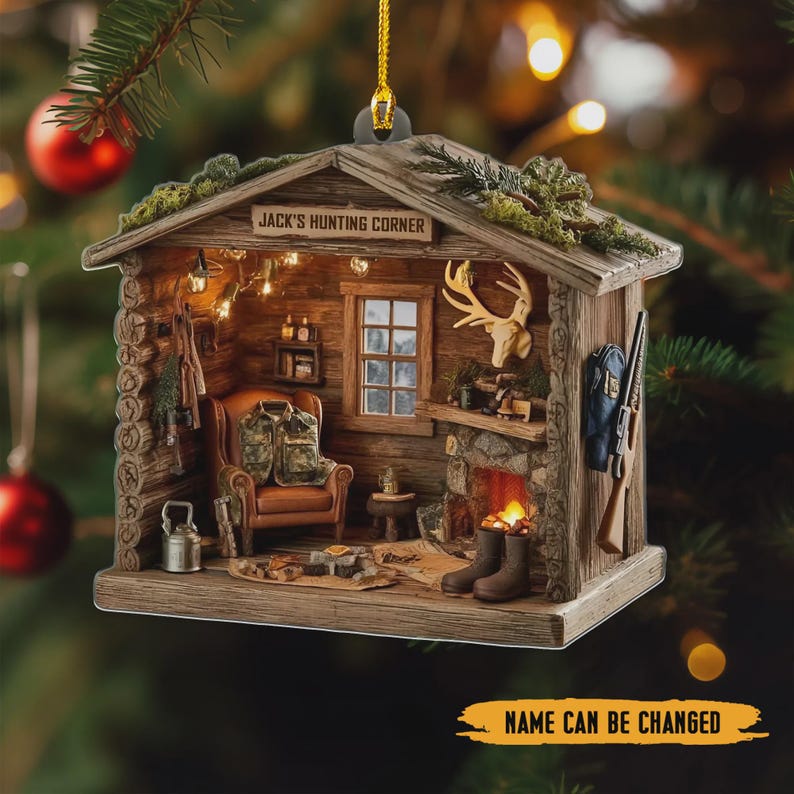 Personalized Hunting Cabin Ornament Custom Name Rustic Log Cabin Keepsake Gift for Hunters & Outdoorsmen Christmas Decor