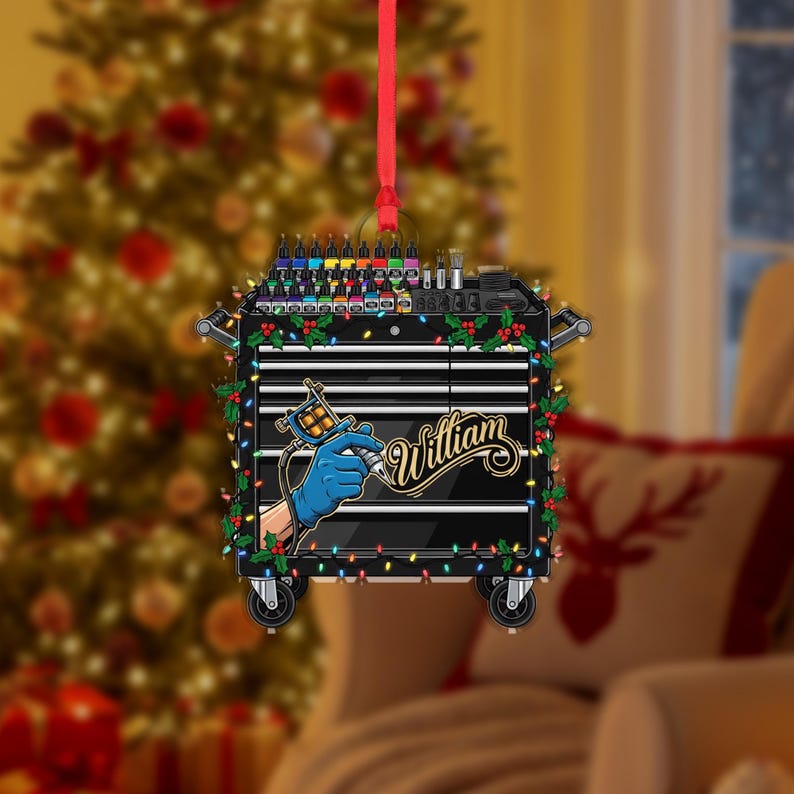 Personalized Christmas Ornament: Tattoo Cart with Machine and Inks, Hanging Decoration