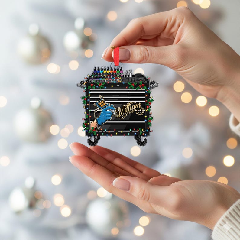 Personalized Christmas Ornament: Tattoo Cart with Machine and Inks, Hanging Decoration