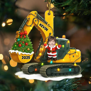 Custom Photo Christmas Excavator Construction - Personalized Custom Shaped Acrylic Ornament, Acrylic Keepsake Christmas Gift For Family