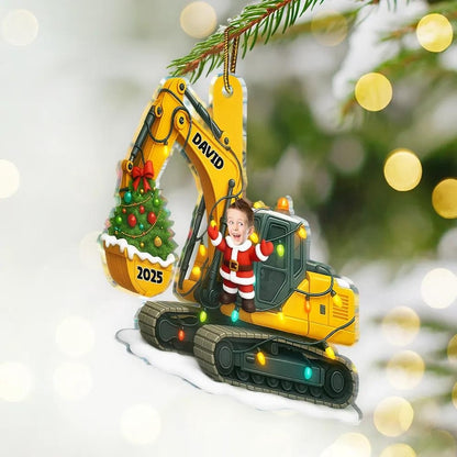 Custom Photo Christmas Excavator Construction - Personalized Custom Shaped Acrylic Ornament, Acrylic Keepsake Christmas Gift For Family