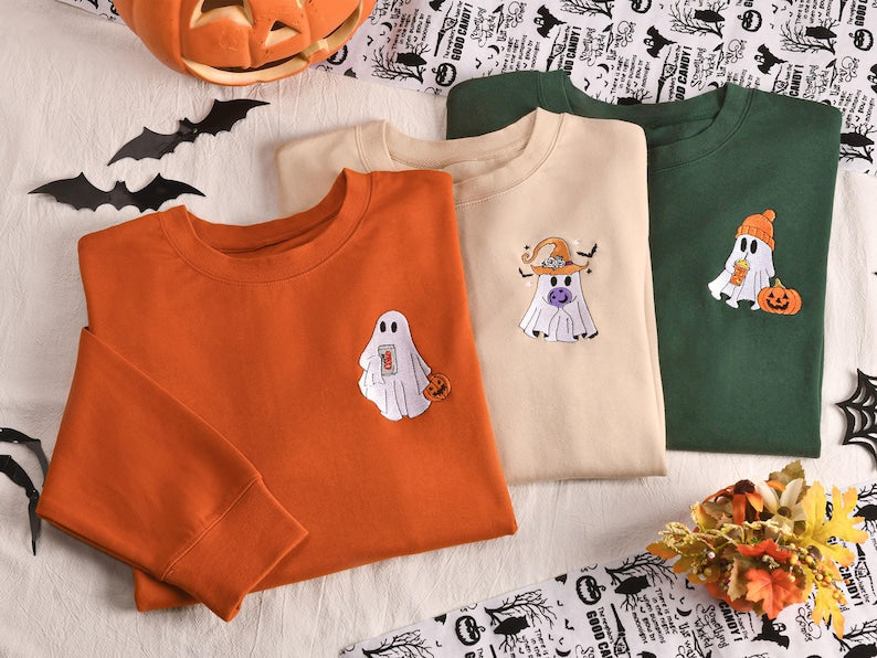 Custom embroidered ghost Halloween Sweatshirt, Cute Matching Hoodies for Halloween, Goose Halloween Sweatshirt, Cozy Spooky Season Hoodie