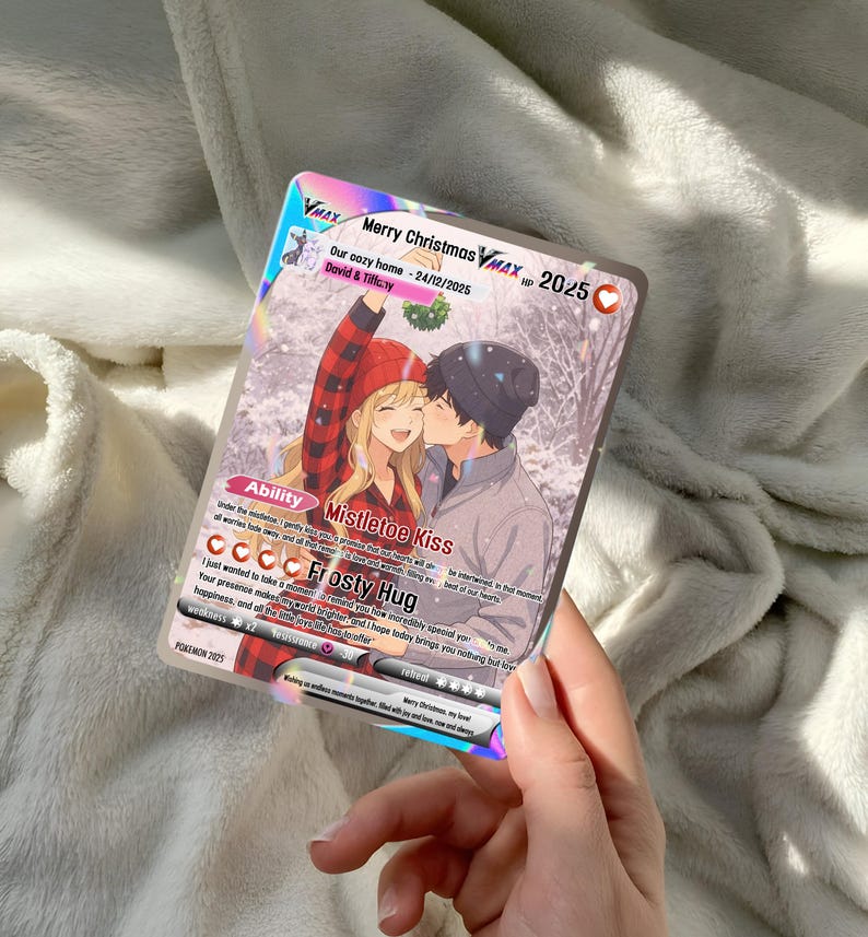 Personalized Pokemon Christmas Card, Custom Photo Art Card, Christmas Pokemon Card, Christ Gift For Couple