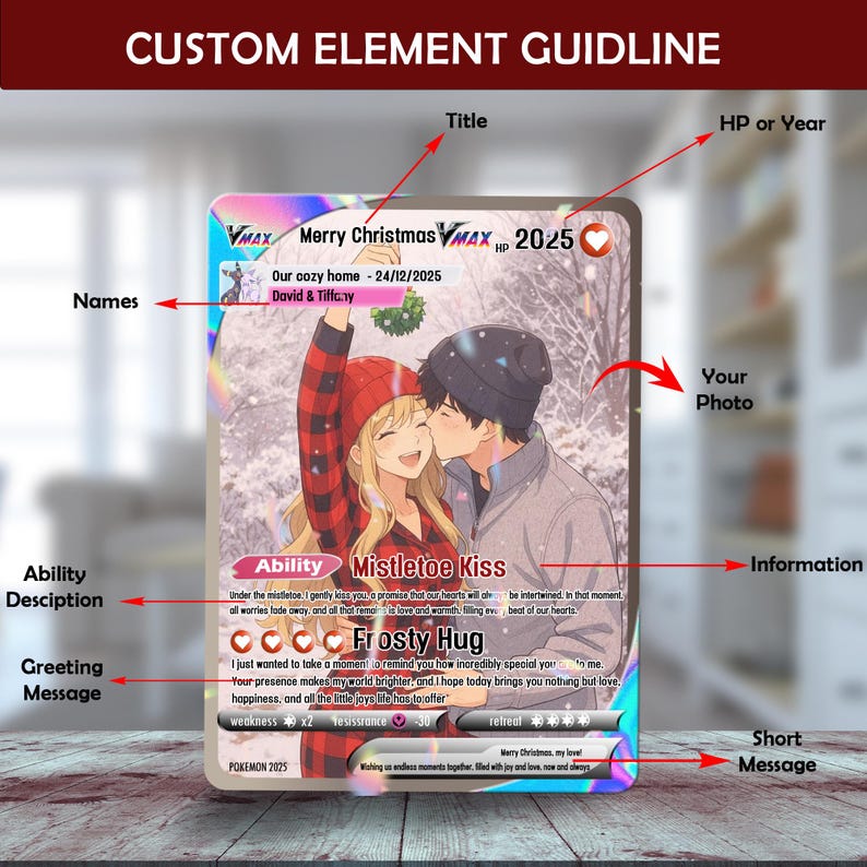 Personalized Pokemon Christmas Card, Custom Photo Art Card, Christmas Pokemon Card, Christ Gift For Couple