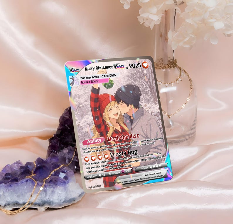 Personalized Pokemon Christmas Card, Custom Photo Art Card, Christmas Pokemon Card, Christ Gift For Couple