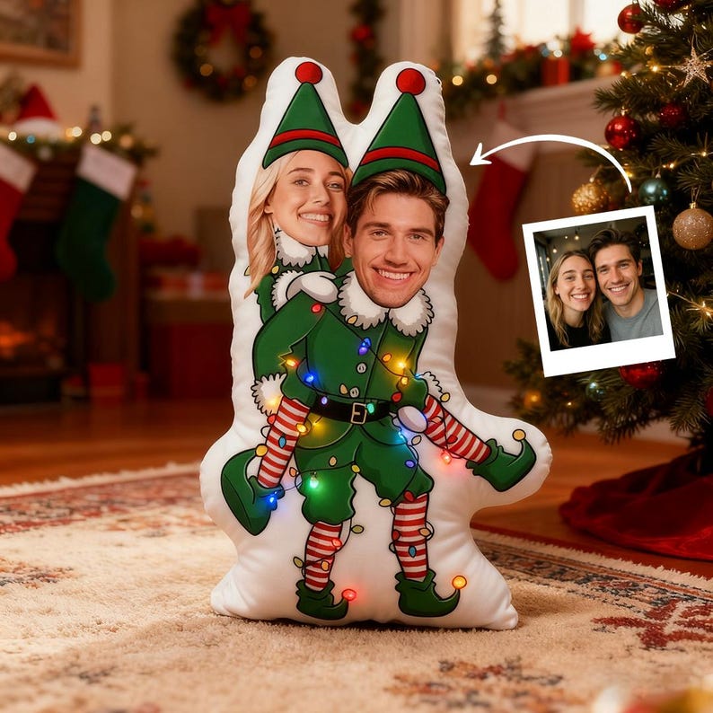 Custom Christmas Couple Pillow, Personalized Face Pillow, Funny Elf Santa Claus Body Cushion, Holiday Gift for Him Her, Xmas Decor
