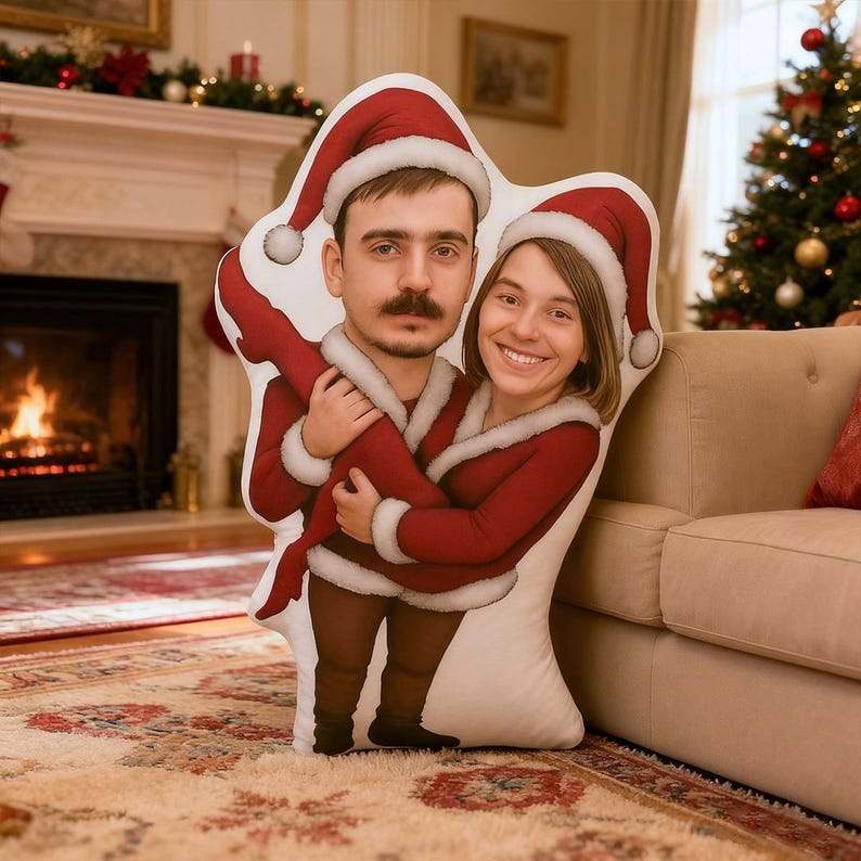 Custom Christmas Couple Pillow, Personalized Face Pillow, Funny Elf Santa Claus Body Cushion, Holiday Gift for Him Her, Xmas Decor
