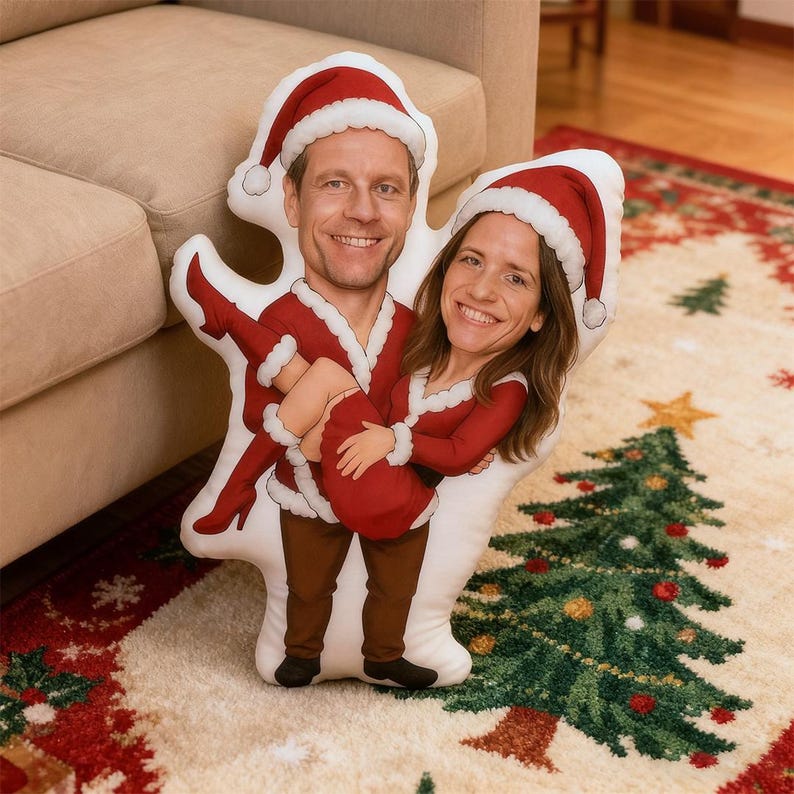 Custom Christmas Couple Pillow, Personalized Face Pillow, Funny Elf Santa Claus Body Cushion, Holiday Gift for Him Her, Xmas Decor