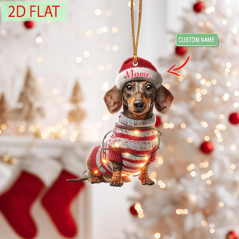 Custom Name Dachshund Christmas Ornament,Sausage Dog Holiday Gift, Cute Dachshund Ornament, Personalized Christmas Decoration for Dog Lovers