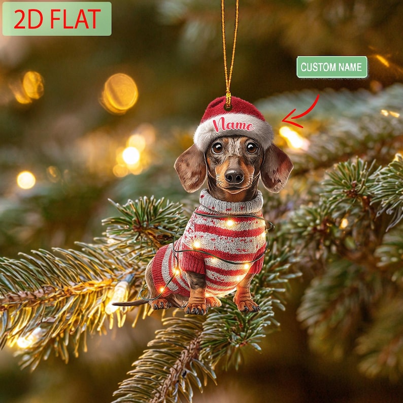 Custom Name Dachshund Christmas Ornament,Sausage Dog Holiday Gift, Cute Dachshund Ornament, Personalized Christmas Decoration for Dog Lovers