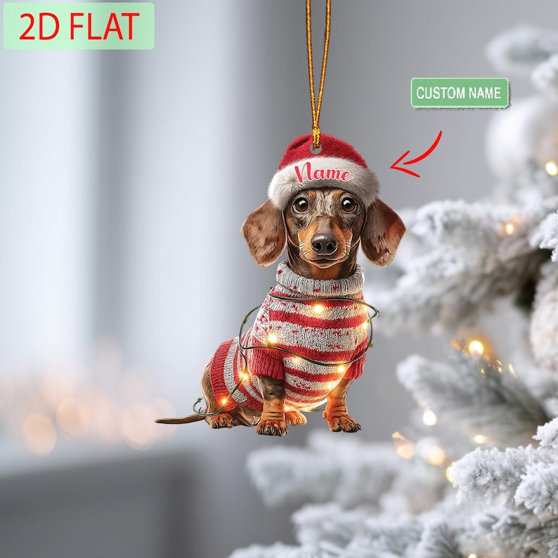 Custom Name Dachshund Christmas Ornament,Sausage Dog Holiday Gift, Cute Dachshund Ornament, Personalized Christmas Decoration for Dog Lovers