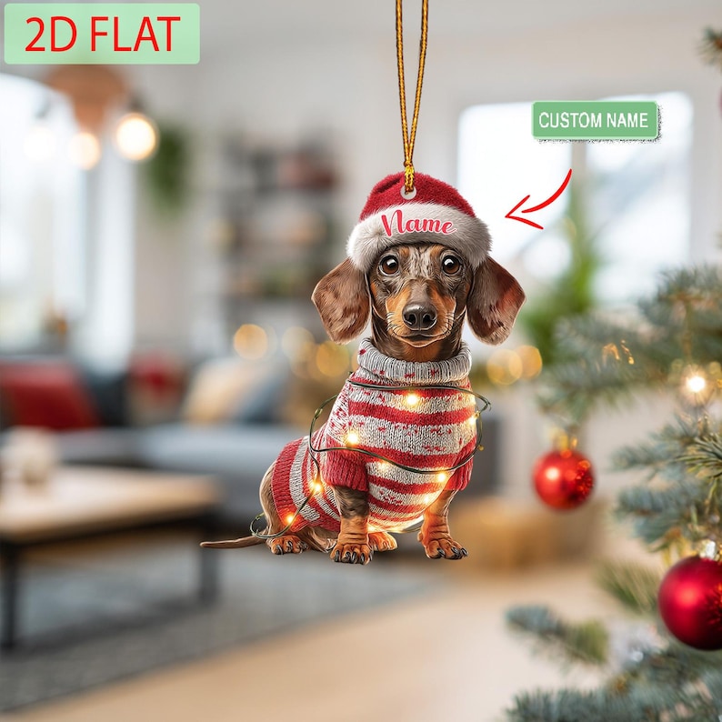 Custom Name Dachshund Christmas Ornament,Sausage Dog Holiday Gift, Cute Dachshund Ornament, Personalized Christmas Decoration for Dog Lovers