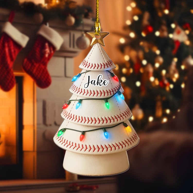 Personalized Leather Baseball Christmas Tree , Custom 2D Acrylic Ornament Gift, Leather Baseball Hanging Decor, Xmas Gift for Leather Baseball Lovers