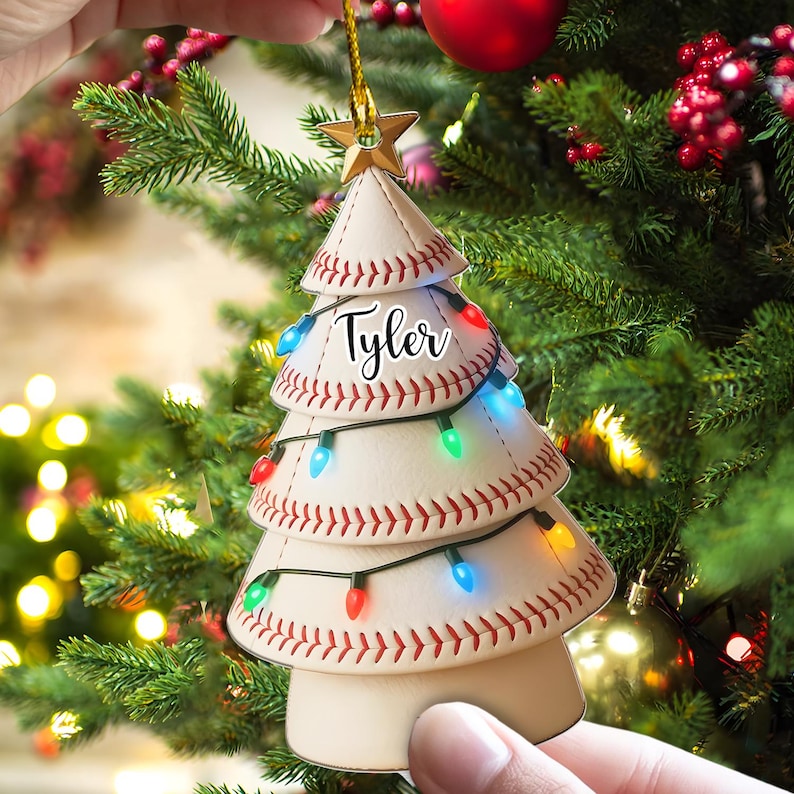 Personalized Leather Baseball Christmas Tree , Custom 2D Acrylic Ornament Gift, Leather Baseball Hanging Decor, Xmas Gift for Leather Baseball Lovers