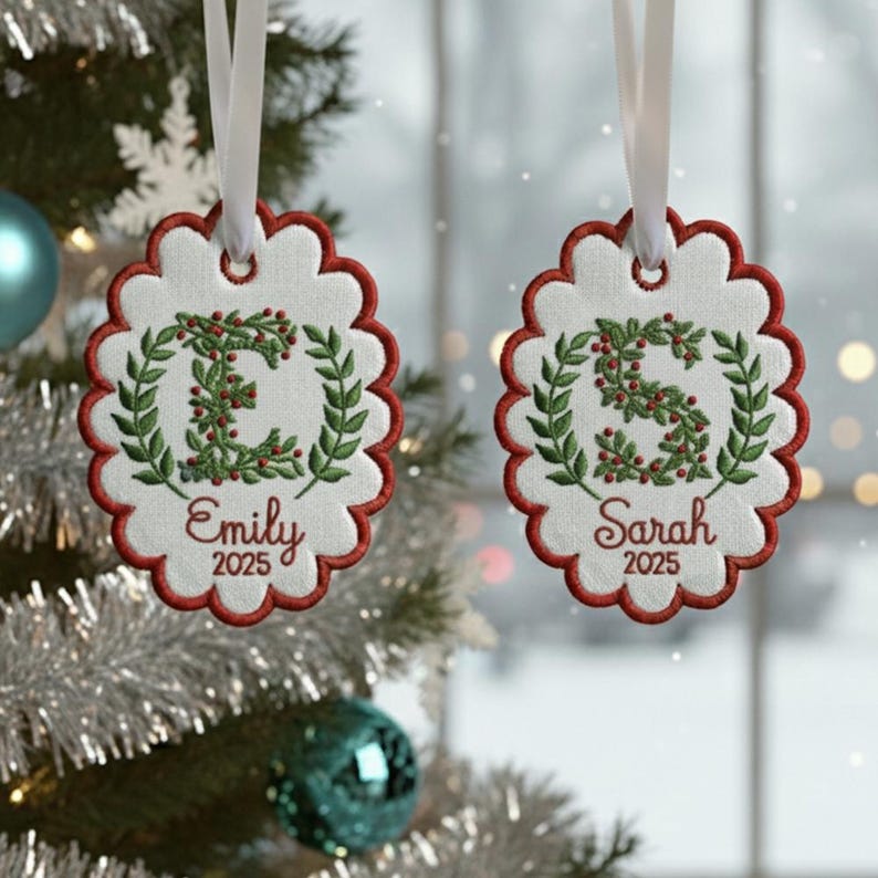 Custom Letters Christmas Initial Scalloped Oval Embroidered Christmas Ornament