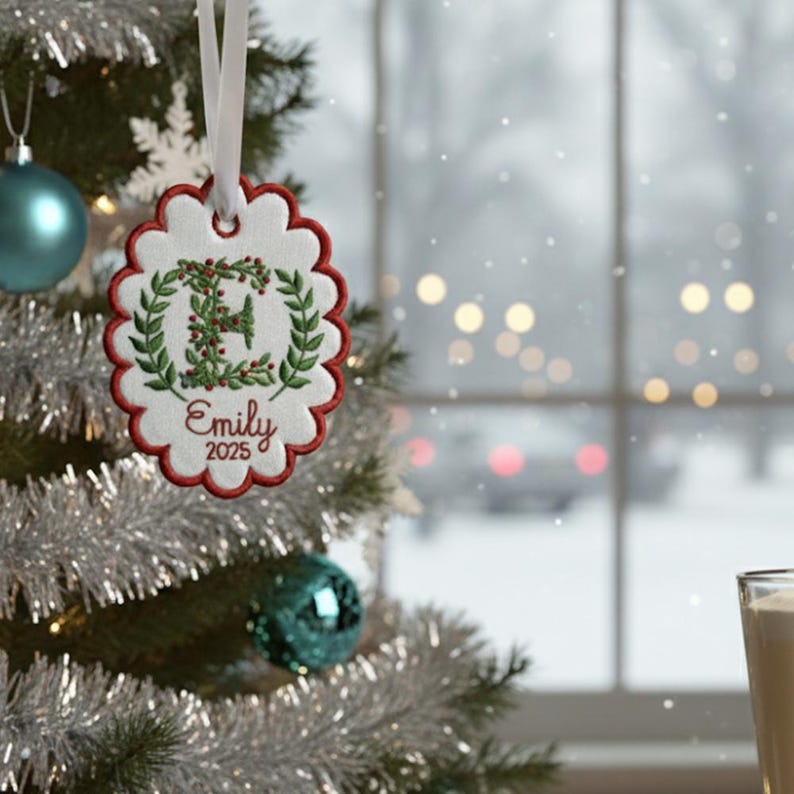 Custom Letters Christmas Initial Scalloped Oval Embroidered Christmas Ornament