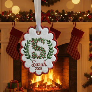 Custom Letters Christmas Initial Scalloped Oval Embroidered Christmas Ornament