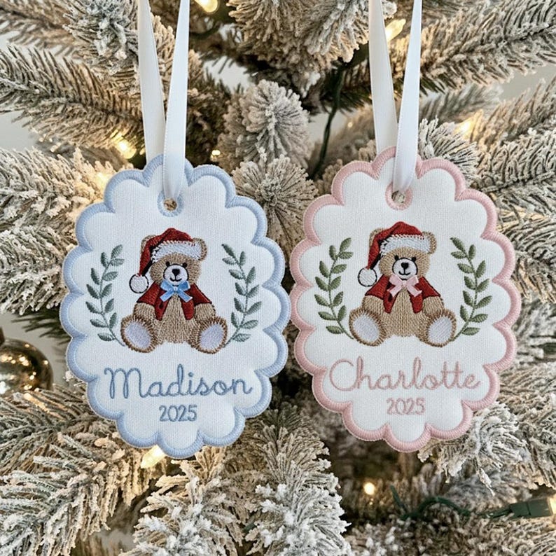 Custom Bears Christmas Baby First Christmas Scalloped Oval Embroidered Christmas Ornament