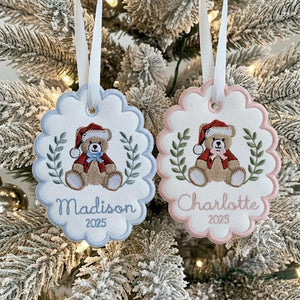 Custom Bears Christmas Baby First Christmas Scalloped Oval Embroidered Christmas Ornament