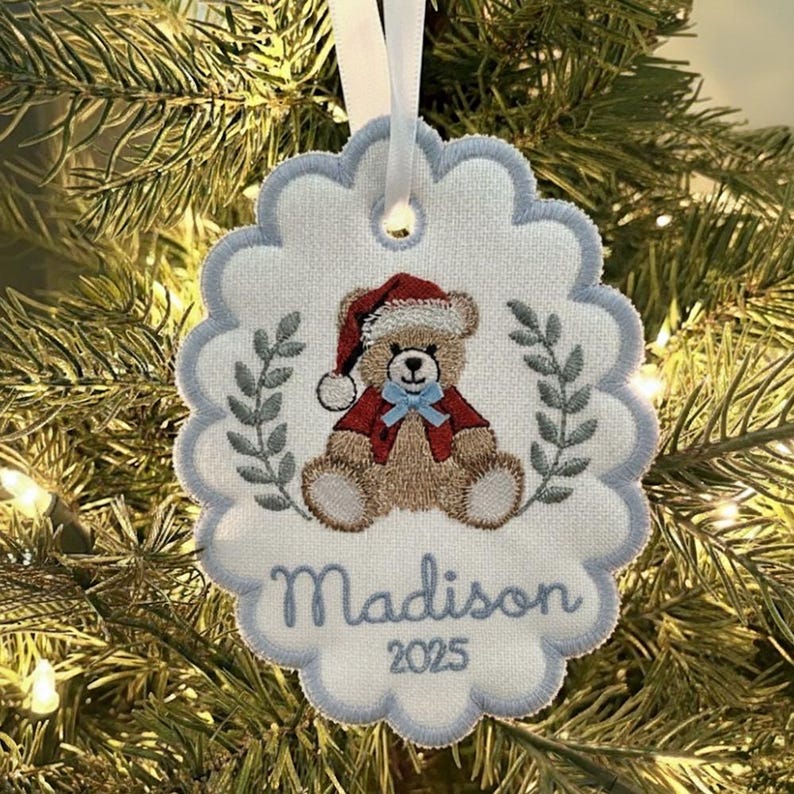 Custom Bears Christmas Baby First Christmas Scalloped Oval Embroidered Christmas Ornament