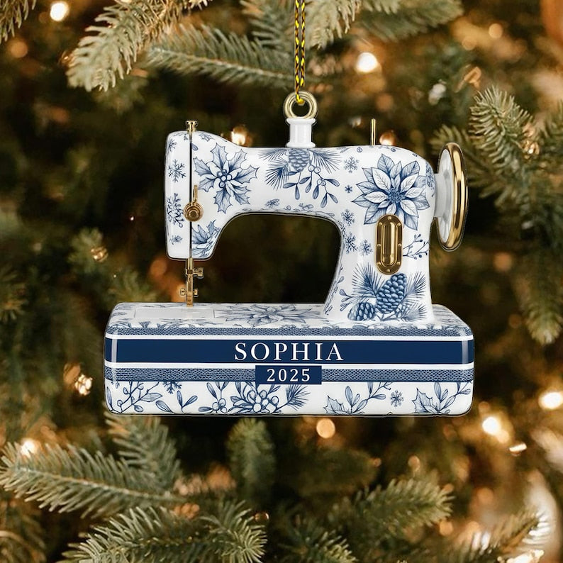Personalized Sewing Machine Toile De Jouy 2D Flat Ornament, Custom Quilter Christmas Decor, Seamstress Gift, Quilting Decor, Crafting Gift