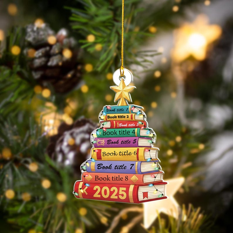 Personalized Book Christmas Ornament 2025 Custom Stack of Books Tree Acrylic Decoration Holiday Gift for Readers & Book Lovers