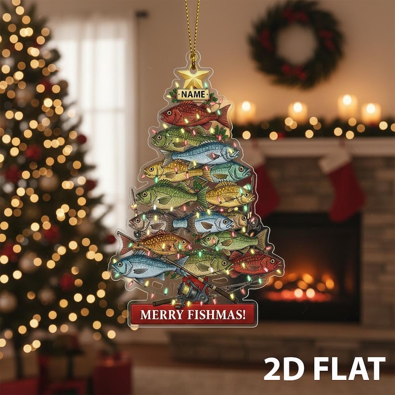 Personalized Fishmas 2D FLAT Ornament, Funny Fishing Christmas Tree Decor, Custom Name Fisherman Gift, Merry Fishmas Holiday Ornament