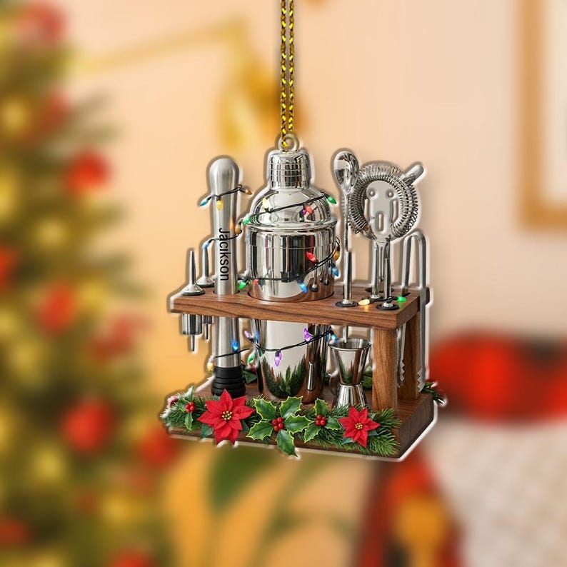 Custom Bartender Bar Tool Ornament Personalized Cocktail Shaker Christmas Decoration with Mini Bar Set