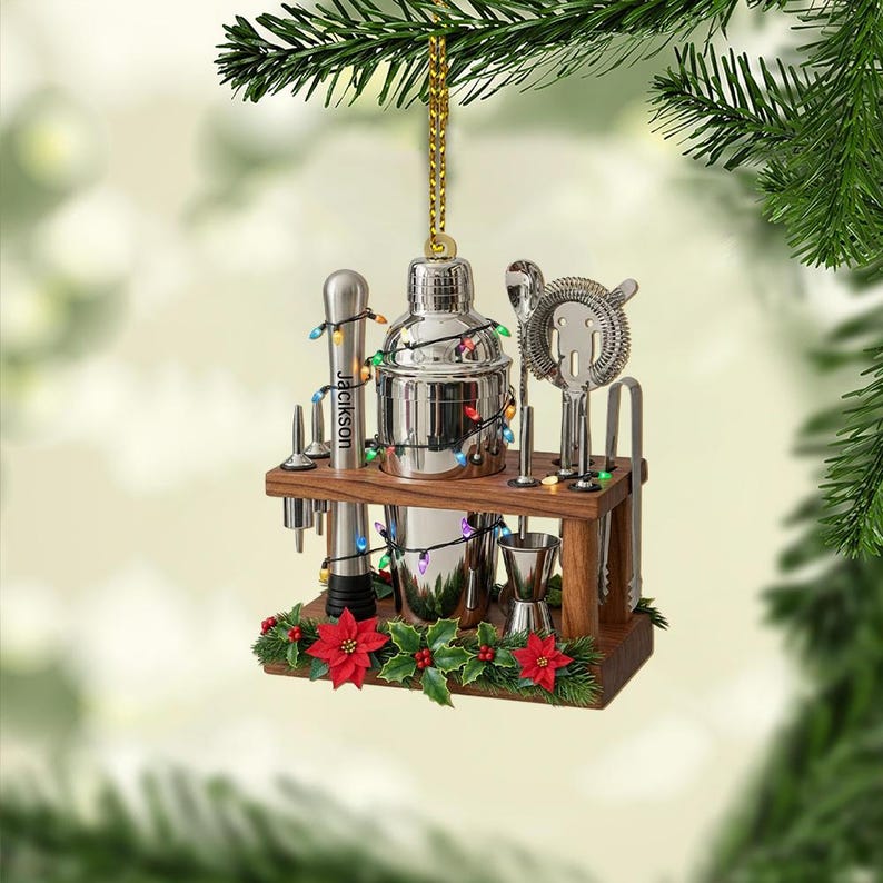 Custom Bartender Bar Tool Ornament Personalized Cocktail Shaker Christmas Decoration with Mini Bar Set