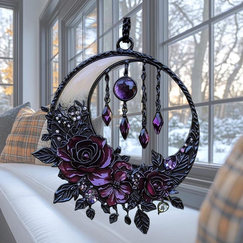 Gothic Moon Rose Acrylic Suncatcher, Dark Floral Faux Acrylic Hanging, Witchy Decor Gift For Her Or Goth Lovers