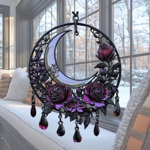Gothic Moon Rose Acrylic Suncatcher, Dark Floral Faux Acrylic Hanging, Witchy Decor Gift For Her Or Goth Lovers