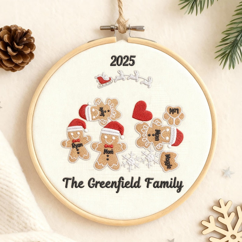 Personalized Family Christmas Ornament, Custom Embroidery Hoop, Holiday Stocking, Gingerbread & Festive Decoration, Gift for Families 2025