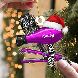 Personalized Hairdresser Ornament 2025, Custom Hair Salon Xmas Gift, Hair Dryer Shape Tree Decor for Stylist, Female Male Hairstylist