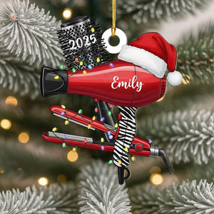 Personalized Hairdresser Ornament 2025, Custom Hair Salon Xmas Gift, Hair Dryer Shape Tree Decor for Stylist, Female Male Hairstylist
