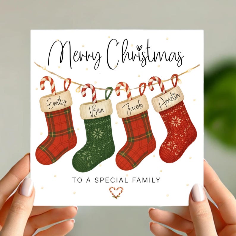 Personalised Family Christmas Card with Stockings Custom Names & Paw Prints, Any Number of Stockings, Special Family Xmas Card