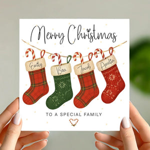 Personalised Family Christmas Card with Stockings Custom Names & Paw Prints, Any Number of Stockings, Special Family Xmas Card