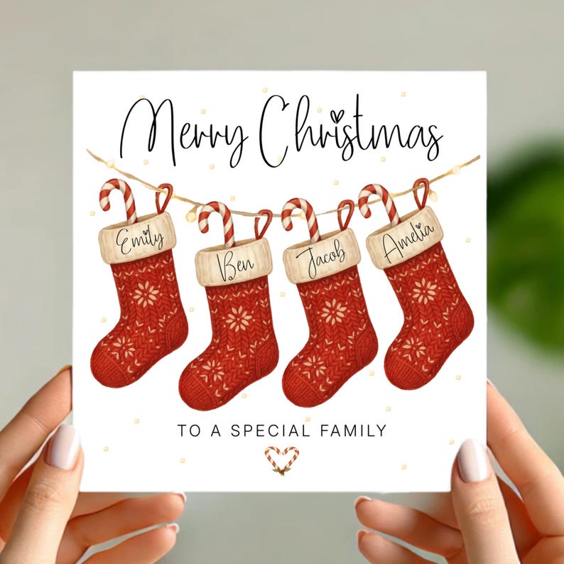 Personalised Family Christmas Card with Stockings Custom Names & Paw Prints, Any Number of Stockings, Special Family Xmas Card