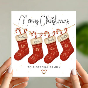 Personalised Family Christmas Card with Stockings Custom Names & Paw Prints, Any Number of Stockings, Special Family Xmas Card