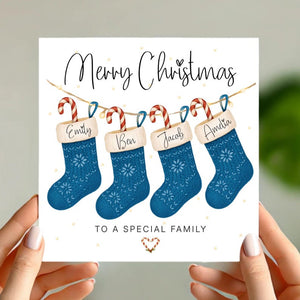 Personalised Family Christmas Card with Stockings Custom Names & Paw Prints, Any Number of Stockings, Special Family Xmas Card