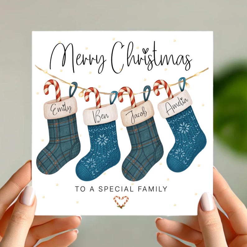 Personalised Family Christmas Card with Stockings Custom Names & Paw Prints, Any Number of Stockings, Special Family Xmas Card