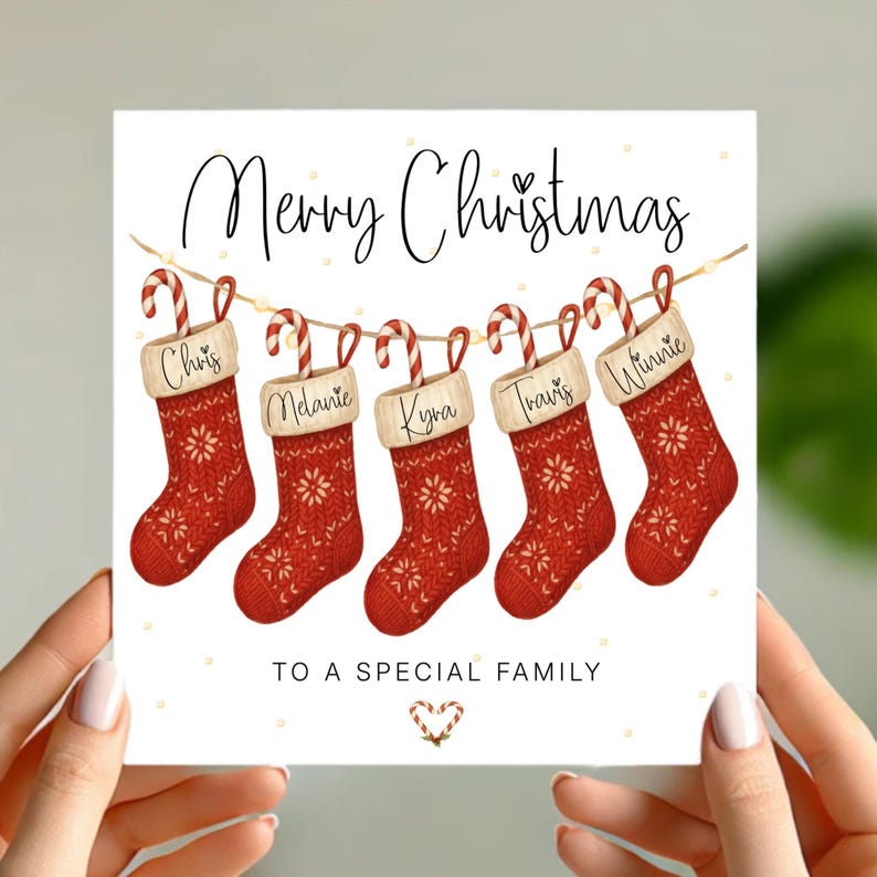 Personalised Family Christmas Card with Stockings Custom Names & Paw Prints, Any Number of Stockings, Special Family Xmas Card