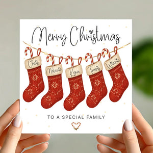 Personalised Family Christmas Card with Stockings Custom Names & Paw Prints, Any Number of Stockings, Special Family Xmas Card