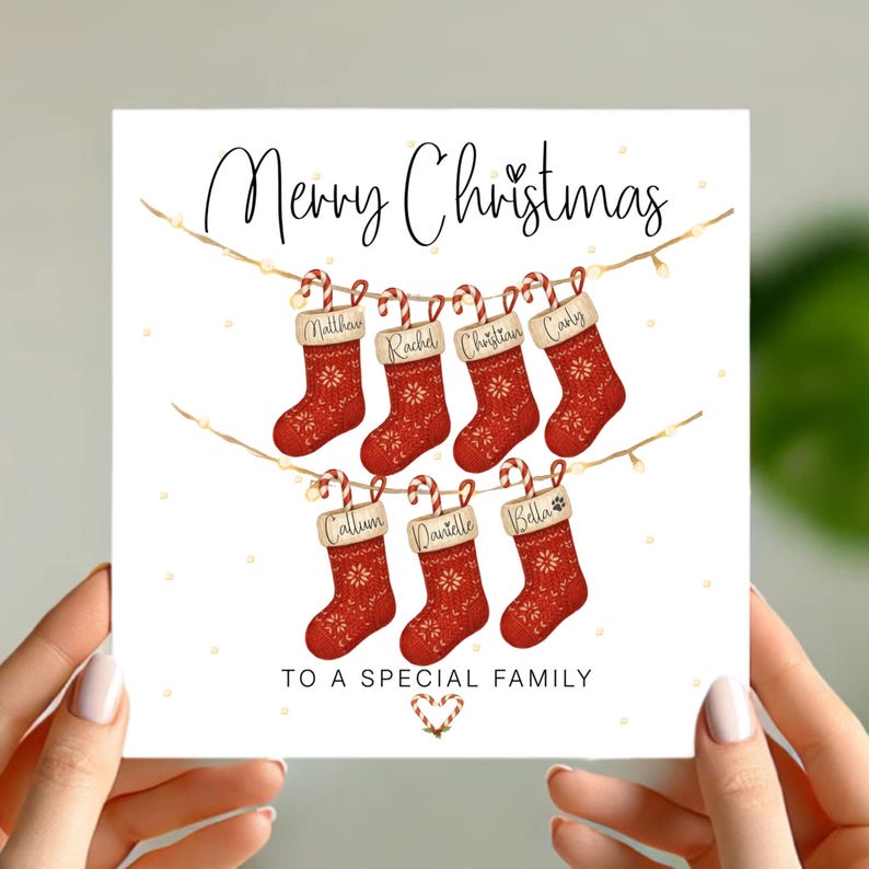 Personalised Family Christmas Card with Stockings Custom Names & Paw Prints, Any Number of Stockings, Special Family Xmas Card
