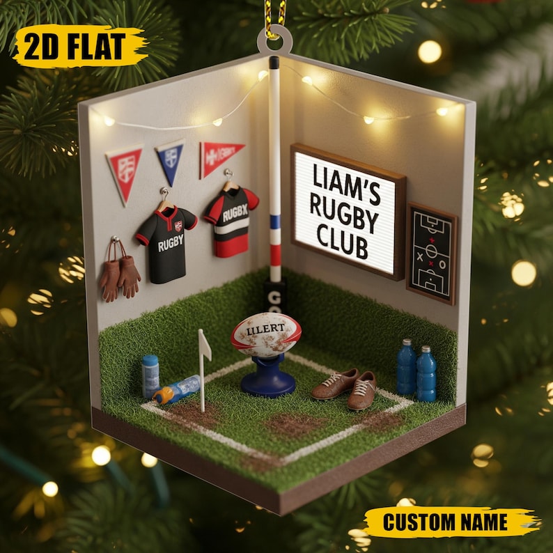 Personalized Rugby Ornament, Custom Name Rugby Christmas 2D Flat Ornament, Rugby Player Keepsake, Team Sports Ornament, Rugby Club Decor
