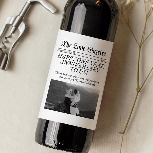 Custom Anniversary Gift for Husband/Wife, Personalized Wedding Newspaper Bottle Label for 1st Year Anniversary, Boyfriend or Girlfriend Gift