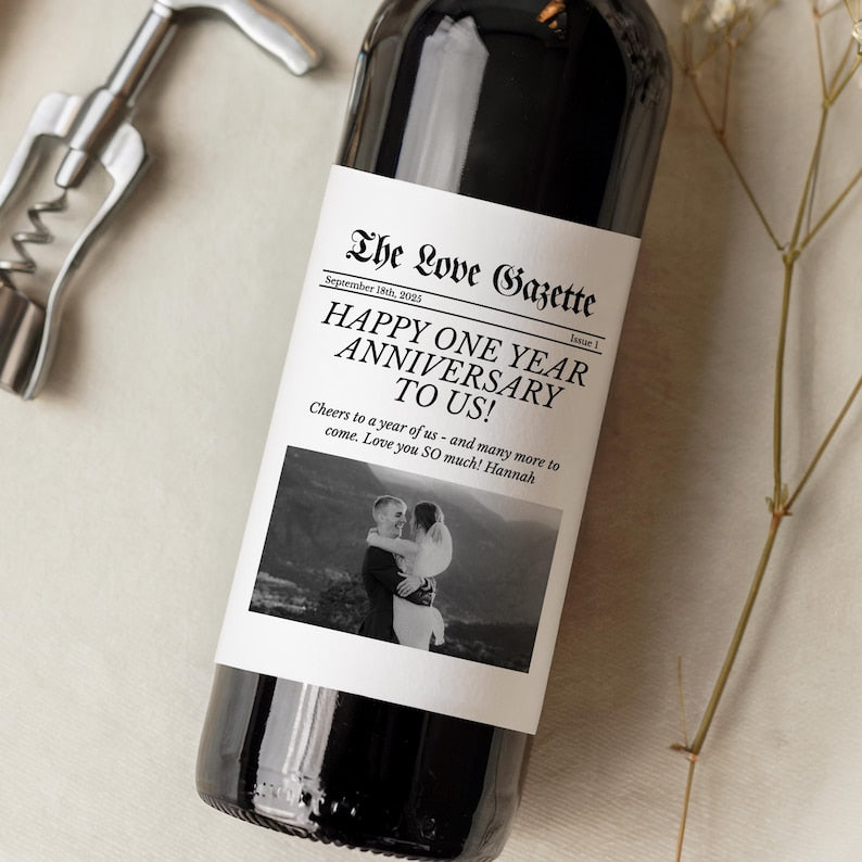 Custom Anniversary Gift for Husband/Wife, Personalized Wedding Newspaper Bottle Label for 1st Year Anniversary, Boyfriend or Girlfriend Gift