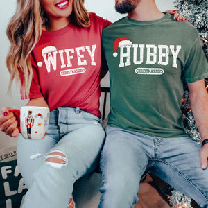 Wifey Hubby Shirt, Matching Christmas Couple Tee, Married Holiday Gift, First Xmas Shirt, Mr And Mrs Santa Hat Shirt